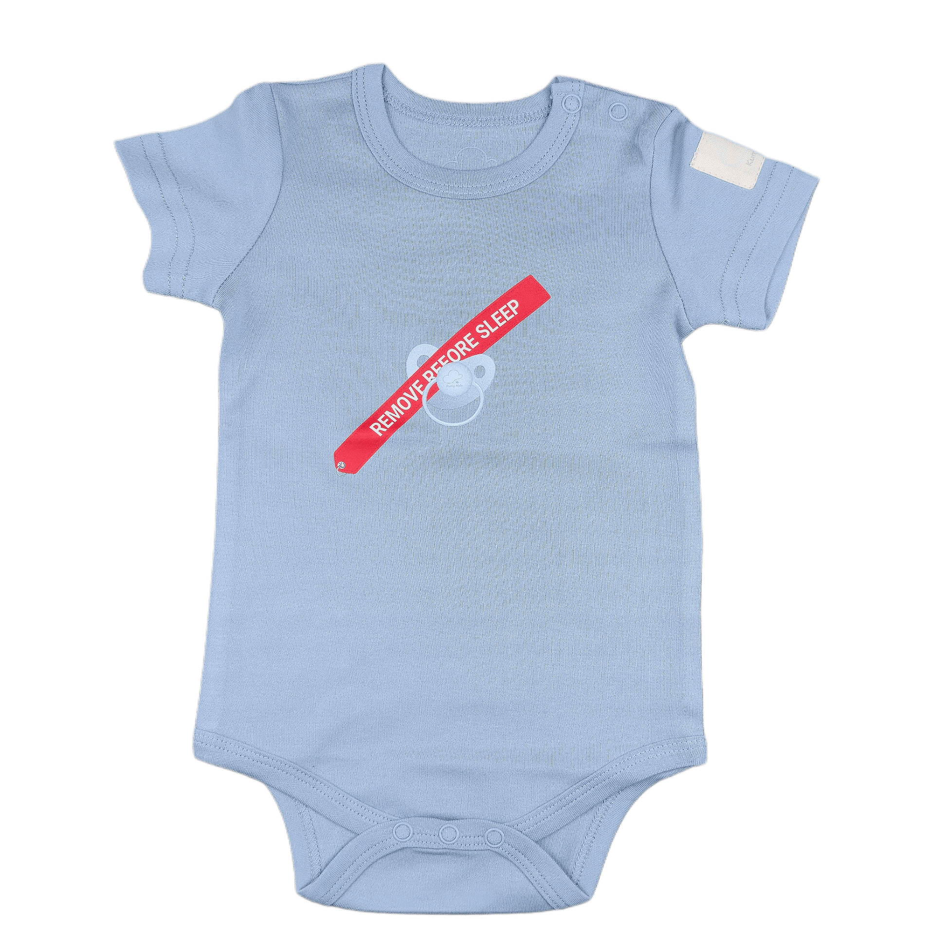 Steel blue baby onesie with a red and white label recalling remove before flight