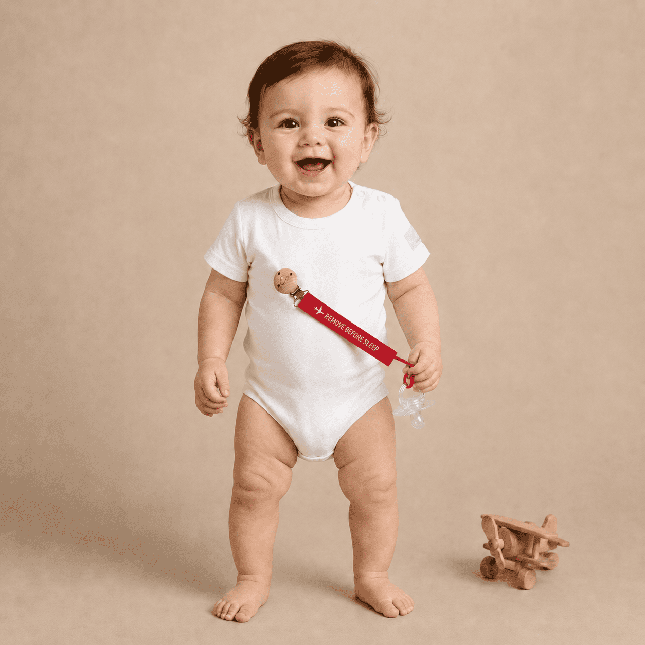 Chupetero Bebé Remove Before Sleep - Rojo Clip Madera Diseño Italiano 21cm