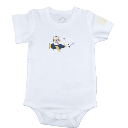 Aviation baby onesie, white short sleeve with teddy pilot print – Kumy Kids