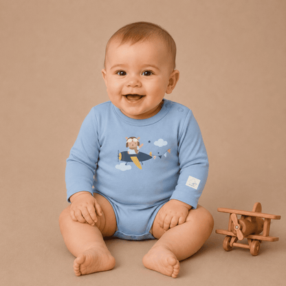 Baby Teddy Pilot Bodysuit Long Sleeve - Aviation 100% Cotton Italian Design 0-24M