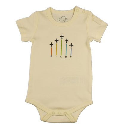 Aviation baby bodysuit, beige short sleeve with arrows print – Kumy Kids
