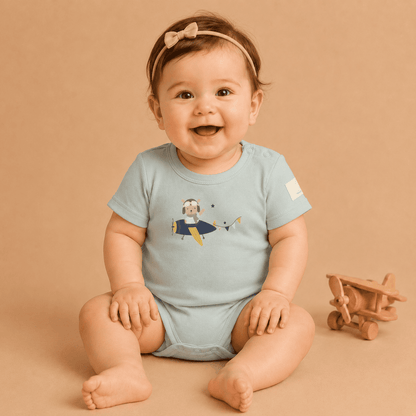 Baby Bodysuit Short Sleeve Cotton Teddy Pilot - 100% Cotton Italian Design 0-24M