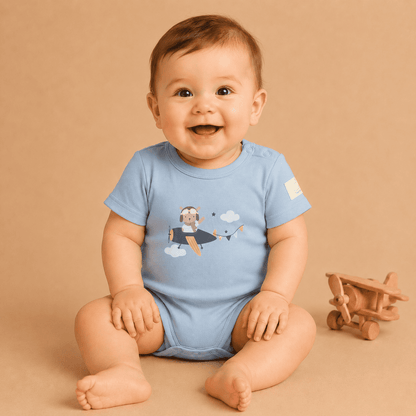 Baby Bodysuit Short Sleeve Cotton Teddy Pilot - 100% Cotton Italian Design 0-24M