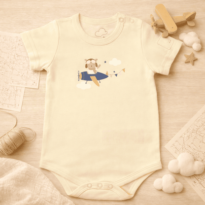 Beige baby bodysuit with teddy pilot print