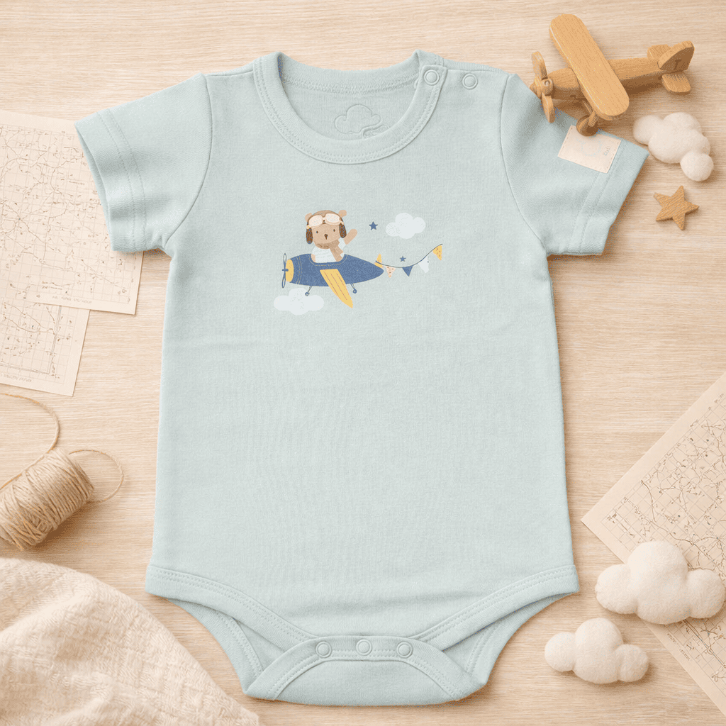Baby Short Sleeve Aviation Bodysuit - 100% Cotton Italian Design 0-24M