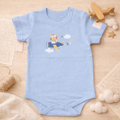 Steel blue baby bodysuit with teddy pilot print